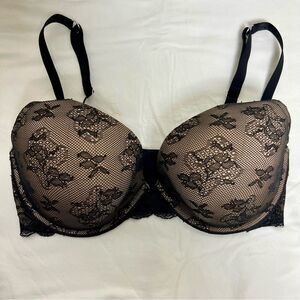 VICTORIAS SECRET BioFit Push Up Lace Bra Full Coverage Underwire Black Nude 34DD